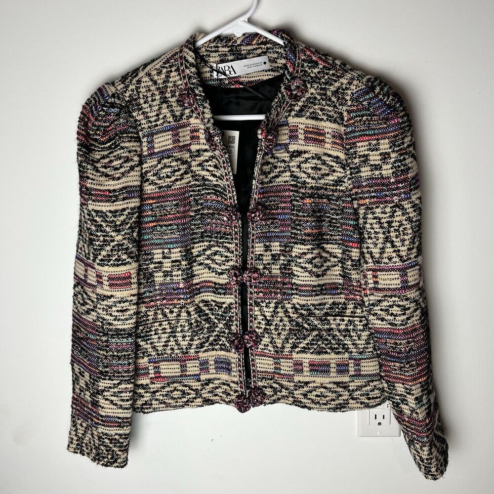NWT Zara Jacquard Jacket Cardigan Wool / Cotton Blend in Multicolor XS Boho - Picture 2 of 9